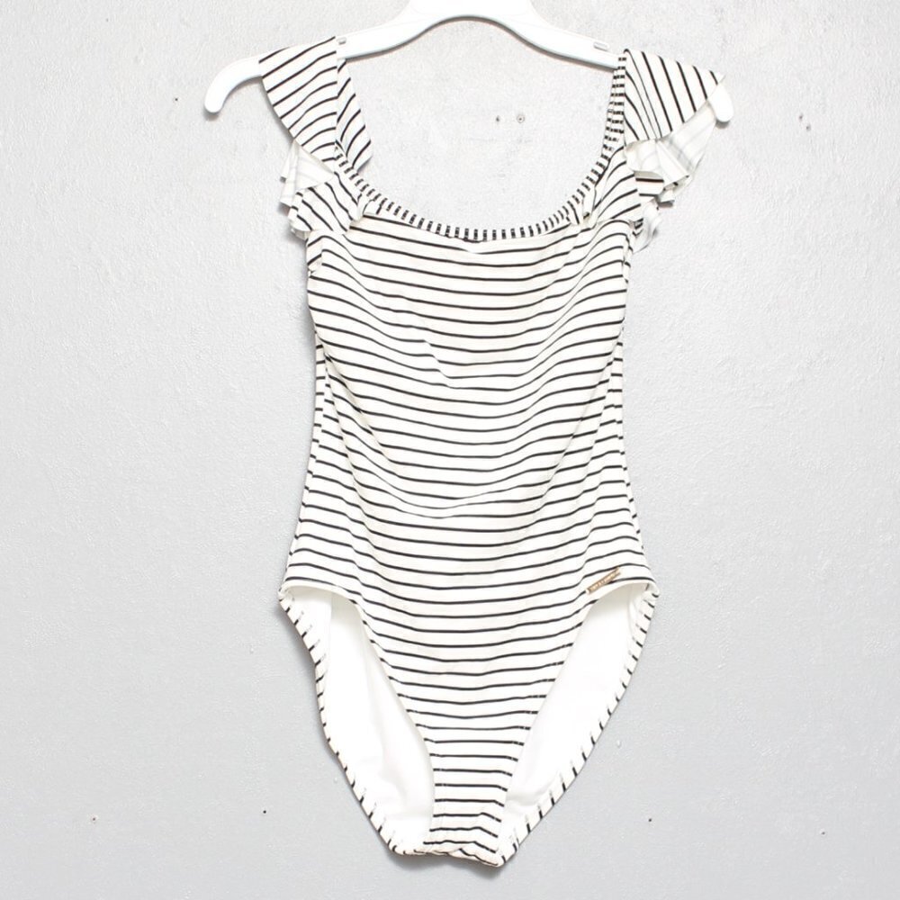 Vince Camuto striped black and white off shoulder one piece swim suit